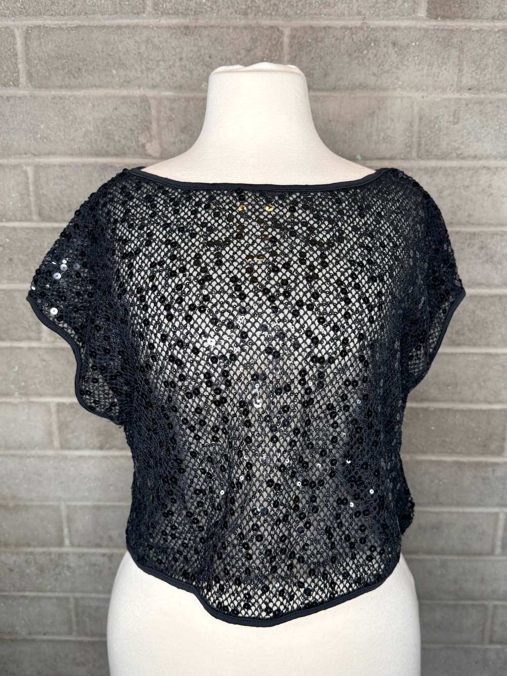 Black Sequin Sheer Mesh Crop Top Flutter Sleeve Party Y2K Festival Glam
